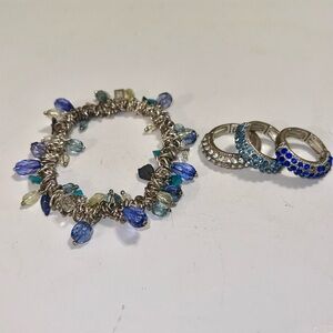 Stretch‎ Rings & Beaded Charm Bracelet Set Blue Silver Tone Jewelry